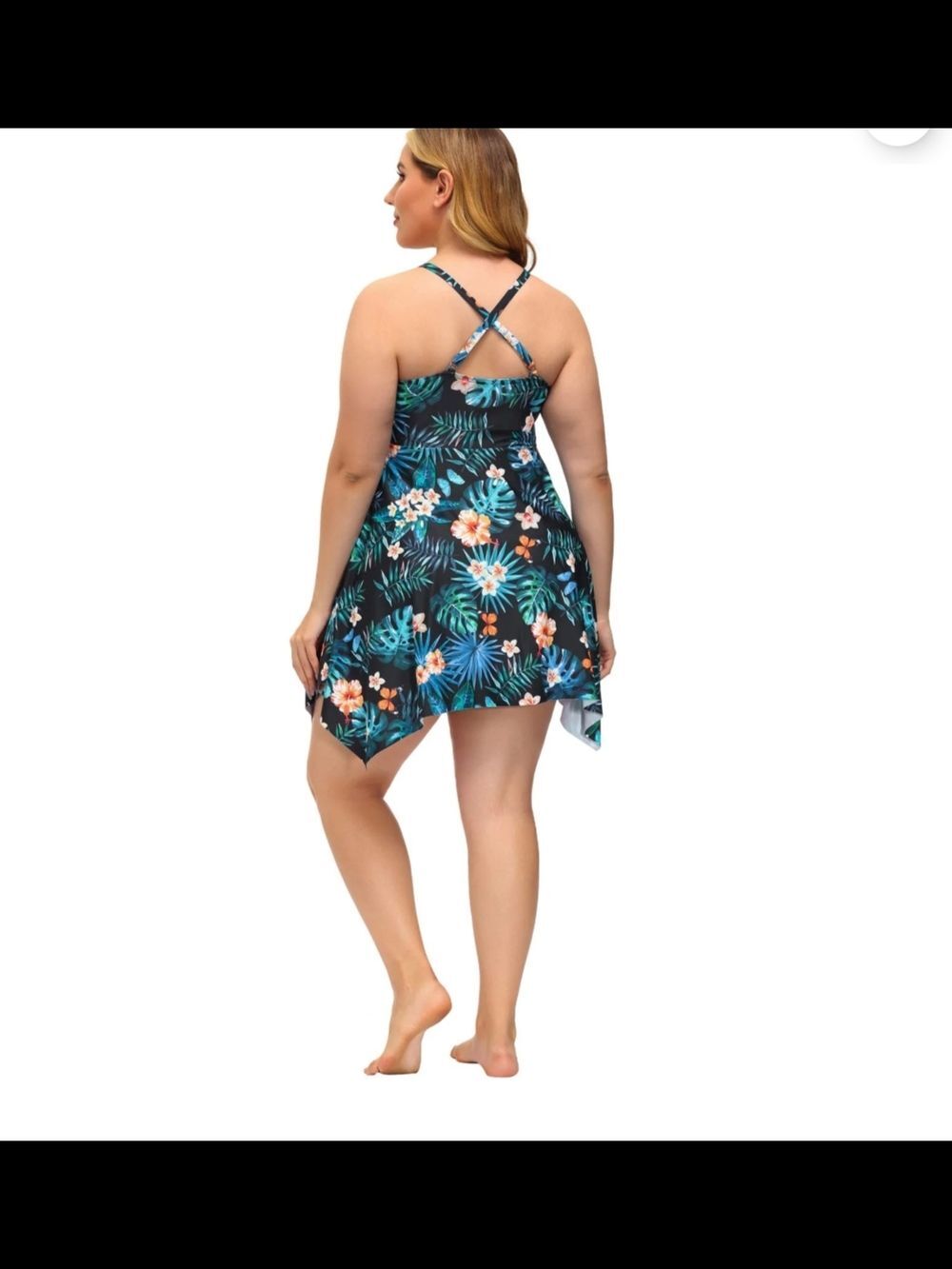 Black Tropical Floral One-Piece Swim Dress 4XL V-Neck Handkerchief Hem Plus Size - Picture 2 of 6